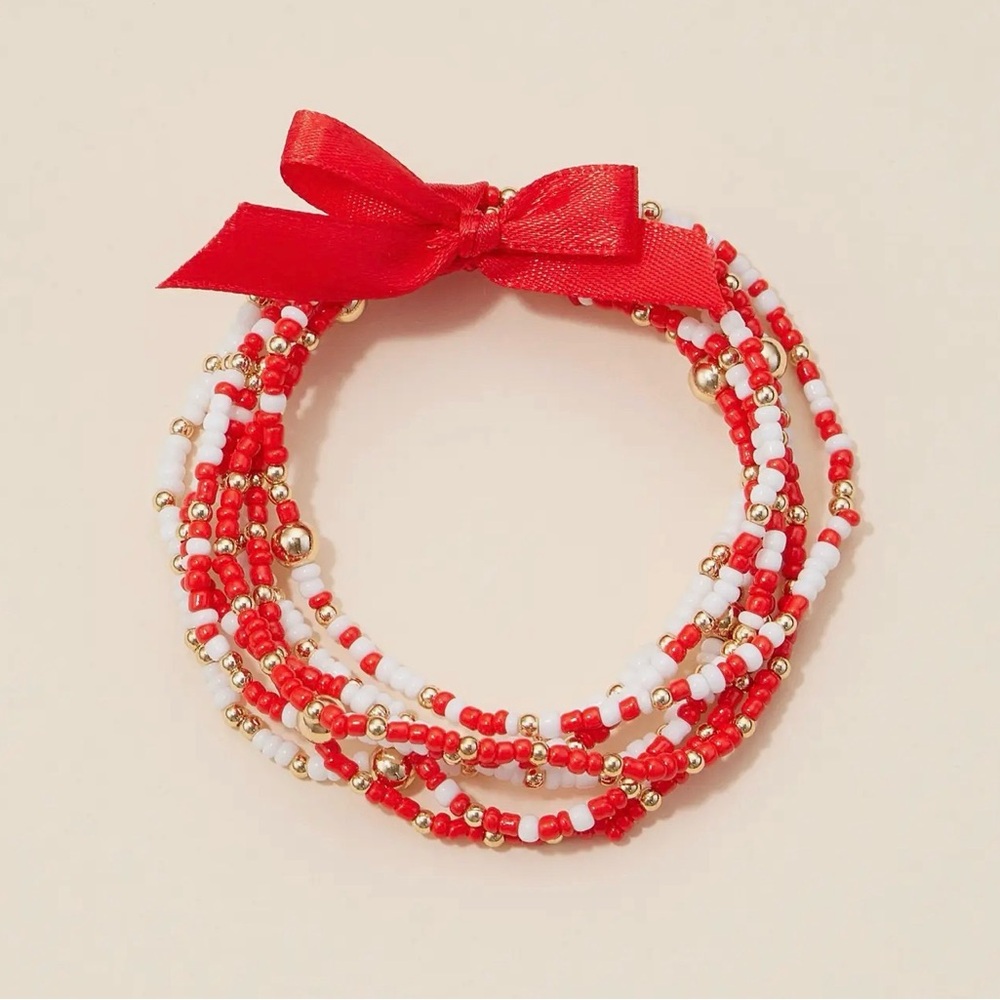 Multi-Strand Red & White Beaded Bracelet with Gold Bead Accents